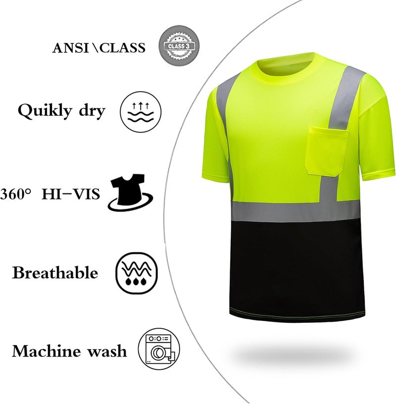 DPSAFETY High Visibility Shirts Quick Dry Safety T Shirts with Reflective Strips and Pocket Short Sleeve Mesh Hi Vis Construction Work Class 2 Shirt for Men/Women Black Bottom Lime,Large - Image 3